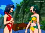  2girls arm arms bare_shoulders blue_hair breasts choker cloud clouds dragon eyes_closed farah_oersted green_hair happy laugh laughing long_hair marone_bluecarno midriff navel open_mouth palm_tree ribbon_choker rock short_hair sky strapless tales_of_(series) tales_of_eternia tree 