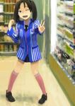  absurdres bad_id bad_pixiv_id black_hair blue_eyes convenience_store employee_uniform highres lawson necktie nimirom one_eye_closed shirt shop skirt solo striped striped_shirt twintails uniform v vertical-striped_shirt vertical_stripes 
