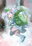  absurdres backpack bad_id bad_pixiv_id bag blue_eyes blue_hair boots cucumber givuchoko hair_bobbles hair_ornament hat highres kawashiro_nitori lavender_hair looking_back mouth_hold short_hair solo surprised touhou two_side_up 
