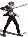  blue_eyes blue_hair digital_media_player hatoko-sama headphones highres male_focus persona persona_3 school_uniform solo sword weapon yuuki_makoto 