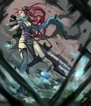  bad_deviantart_id bad_id blue_eyes boots breasts cape cleavage cloud cloudy_sky copyright_request dress fishnets gun hector_enrique_sevilla_lujan knife large_breasts lipstick long_hair makeup mole mole_on_breast pentagram radiation_symbol radioactive red_hair sky solo thigh_boots thighhighs very_long_hair weapon zombie 