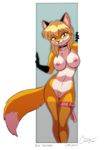  anthro blonde_hair blue_eyes bow breasts canine choker collaboration creamytea david_a_cantero female fox garter hair legwear looking_at_viewer mammal nipples nude plain_background pussy solo stockings thigh_gap white_background 
