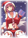  bad_id bad_pixiv_id blonde_hair blush breasts christmas detached_sleeves gift hat large_breasts midriff necktie pink_eyes pink_hair santa_costume santa_hat shirayuki_usami short_hair shorts snow solo thighhighs trickster vinosh_(trickster) 