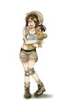  baseball_cap belt blush boots brown_eyes brown_hair fio_germi glasses hat hug jacket knee_pads long_hair metal_slug midriff object_hug one_eye_closed ponytail short_shorts shorts six_(fnrptal1010) snk socks solo standing stuffed_animal stuffed_toy teddy_bear 