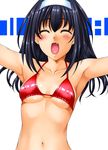  akiba_youko armpits bikini bikini_top black_hair breasts cleavage covered_nipples face fang headband highres kamia_(not_found) navel original small_breasts solo string_bikini swimsuit underboob 