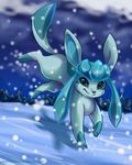  blue_eyes cute glaceon looking_at_viewer mysticcookie night pok&eacute;mon snow solo 