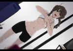  ahoge amane_suzuha bike_shorts braid breasts brown_eyes brown_hair cameltoe dutch_angle groin letterboxed long_hair mori_shin_risuku navel open_mouth shirt_lift small_breasts solo steins;gate twin_braids twintails underboob undressing yellow_eyes 