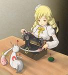  bad_id bad_pixiv_id blonde_hair doll drill_hair highres kyubey magical_girl mahou_shoujo_madoka_magica needle pincushion polpon sewing sewing_machine stuffed_animal stuffed_toy tomoe_mami yellow_eyes 