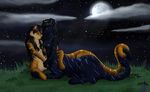  black_hair breasts chakat couple cuddle earthpaw feline hair herm intersex long_black_hair long_hair looking_at_each_other moon night nightstorm nude outside rikka-red tail taur wilderness 