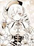  cup drill_hair fingerless_gloves flower gloves hair_ornament hat light_smile mahou_shoujo_madoka_magica monochrome mytyl one_eye_closed saucer solo teacup tomoe_mami upper_body 