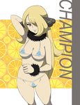  bee-j1 bikini blonde_hair breasts cameltoe cleavage cynthia_(pokemon) erect_nipples hair_ornament hair_over_one_eye highres long_hair makoto_daikichi micro_bikini pokemon pokemon_(game) pokemon_black_and_white pokemon_bw red_eyes ringed_eyes shirona_(pokemon) smile swimsuit 