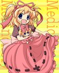  blonde_hair blue_eyes bubble_skirt character_name doll dress hair_bobbles hair_ornament hair_ribbon medicine_melancholy nullpooo red_dress ribbon short_twintails skirt smile solo touhou twintails two_side_up yellow_background 