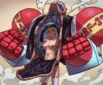  bad_id bad_pixiv_id blue_hair breasts dachaku elbow_gloves franky genderswap genderswap_(mtf) gloves medium_breasts one_piece pasties power_armor solo sunglasses sweat thighhighs topless 