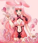  1girl animal_ears blush breast_grab breasts bunny_ears grabbing green_eyes groin heart large_breasts long_hair melona navel nishiki_(nishoku_insatsu) pink_hair pointing prehensile_hair queen's_blade revealing_clothes see-through sidelocks simple_background smile solo symbol-shaped_pupils 
