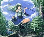  ashiyama_yoshinori bare_shoulders cloud day detached_sleeves gohei green_eyes green_hair highres in_tree kochiya_sanae long_hair sarashi sitting sitting_in_tree sky solo touhou tree 