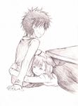 1girl :3 closed_eyes hand_on_head hug kamijou_touma kotatsu misaka_mikoto monochrome noz_(magami-n) sketch spiked_hair table to_aru_kagaku_no_railgun to_aru_majutsu_no_index 