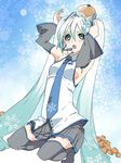  alternate_color alternate_hair_color bad_id bad_pixiv_id blue_eyes detached_sleeves food fruit hatsune_miku headset long_hair necktie orange sama skirt snow snowflakes solo thighhighs twintails very_long_hair vocaloid white_hair yuki_miku zettai_ryouiki 