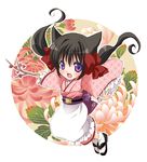  animal_ears bad_id bad_pixiv_id black_hair bow branch chibi flower fox_ears hair_bow hair_ribbon japanese_clothes kimono long_hair obi open_mouth otome_youkai_zakuro oumi_neneha purple_eyes ribbon sash shippou_(pattern) smile solo twintails zakuro_(otome_youkai_zakuro) 