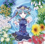  bellflower blue_eyes cattail chrysanthemum flower green_hair hat kyuu_umi lily_of_the_valley passion_flower plant shiki_eiki short_hair solo spider_lily sunflower touhou 