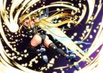  ass bardiche blonde_hair cameltoe electricity fate_testarossa gauntlets long_hair looking_back lyrical_nanoha magic mahou_shoujo_lyrical_nanoha open_mouth red_eyes shunzou solo sword thighhighs twintails very_long_hair weapon 