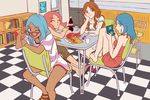  absurdres barefoot blue_eyes blue_hair brown_eyes brown_hair candy casual chair closed_eyes drink food glasses handheld_game_console happy highres inazuma_eleven inazuma_eleven_(series) lips multiple_girls nintendo_ds one_eye_closed pink_hair raccco raimon_natsumi sitting sitting_backwards smile snack table urabe_rika urubida zaizen_touko 