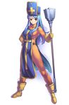  blue_hair bodysuit boots breasts cross dragon_quest dragon_quest_iii gloves hand_on_hip hat light_smile long_hair medium_breasts mitre orange_bodysuit priest_(dq3) solo staff standing tabard uchiu_kazuma 