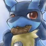  blue chocolate eating food lucario male pok&eacute;mon red_eyes solo unknown_artist 
