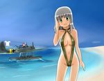  aircraft airplane arado_ar_196 arm_up bad_id bad_pixiv_id beach black_hair day flipped_hair green_eyes gun homura_shinji laundry military multiple_girls ocean open_mouth original outdoors pontoon red_hair seaplane sky slingshot_swimsuit swimsuit water waving weapon world_war_ii 