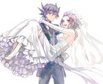  1girl bare_shoulders black_hair blonde_hair blue_eyes breasts bridal_veil bride brown_eyes carrying couple dress earrings elbow_gloves facial_mark flower formal fudou_yuusei gloves good_end hair_flower hair_ornament hetero high_heels highres izayoi_aki jewelry medium_breasts multicolored_hair open_mouth popompon princess_carry red_hair rose shoes short_hair sideboob simple_background smile streaked_hair tuxedo two-tone_hair veil wedding_dress white_flower white_gloves white_rose yuu-gi-ou yuu-gi-ou_5d's 