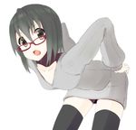  black_hair black_legwear black_thighhighs breasts brown_eyes cleavage futatsuki glasses hand_on_hip hands_on_hip hips leaning_forward open_mouth short_hair sweater thighhighs 