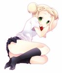  ass bad_id bad_pixiv_id blonde_hair double_bun green_eyes himematsu_school_uniform kneehighs lying mase_yuuko miyamori_school_uniform on_side saki school_uniform skirt solo tokumi_yuiko 