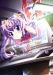  :t absurdres chaos;head chaos;head_love_chu_chu! computer erin-fray_orgel highres matsuo_yukihiro monitor mouse purple_eyes purple_hair seira_orgel solo through_screen twintails 