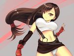  breasts brown_eyes brown_hair cosha elbow_gloves female final_fantasy final_fantasy_vii fingerless_gloves gloves long_hair midriff miniskirt panties pantyshot skirt solo suspenders tank_top tanktop tifa_lockhart underwear upskirt white_panties 