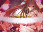  antiqua_c ascot blush bow brown_eyes brown_hair gohei hair_bow hakurei_reimu long_hair solo talisman touhou 