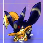  9_6 ambiguous_gender black brown cum doggy_position ear_markings eevee eyes_closed face_markings fang from_behind male markings messy on_front pok&eacute;mon red_eyes tail tail_markings umbreon 