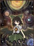  :&lt; beetarp black_hair black_legwear black_wings blush_stickers bow glowing glowing_eye green_bow hair_bow highres kneehighs red_eyes reiuji_utsuho solo space star touhou wings younger 