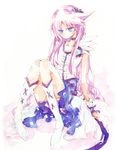  black_choker blue_eyes boots choker cure_moonlight dress flower hair_flower hair_ornament heart heartcatch_precure! highres knee_boots long_hair magical_girl night-moon precure purple_flower purple_hair purple_rose rose solo traditional_media tsukikage_yuri watercolor_(medium) wrist_cuffs 