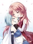  bad_id bad_pixiv_id blue_hair cape closed_eyes cuts detached_sleeves fang highres hug injury long_hair magical_girl mahou_shoujo_madoka_magica miki_sayaka multiple_girls open_mouth petals red_eyes red_hair sakura_kyouko senoo_aoi short_hair tears yuri 