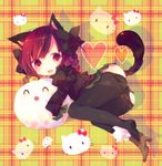  :o ana_(rznuscrf) animal_ears bad_id bad_pixiv_id bow braid cat_ears cat_tail doll doll_hug hair_bow hello_kitty high_heels highres kaenbyou_rin pantyhose pantyhose_pull plaid plaid_background red_eyes red_hair shoes single_shoe solo tail touhou twin_braids twintails 