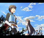  3boys black_hair blue_hair casey_(tov) character_request cloud damuron_atomaisu day green_eyes letterboxed long_hair multiple_boys sky spoilers tales_of_(series) tales_of_vesperia uniform very_long_hair yeager_(tales) yoshida_nishi 