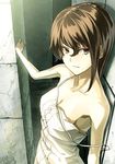  against_wall bare_shoulders breasts brown_eyes brown_hair collarbone dress foreshortening medium_breasts original shimotsuki_eight short_hair solo strap_slip 