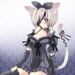  animal_ears arm_warmers black_legwear bow breasts cat_ears cat_tail cleavage detached_sleeves eyepatch grey_hair hair_bow lingerie medium_breasts negligee original purple_eyes ribbon rose-san_(hinajyou) saibashi short_hair sitting solo tail thighhighs underwear 