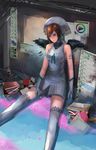  adobe_photoshop bangs bare_shoulders blue_eyes bob_cut book brown_hair dress feathers gloves grey_legwear hat highres lace lace-trimmed_thighhighs md5_mismatch messy narongchai_singhapand original ribbon short_dress sitting solo stylus tablet thighhighs third-party_edit wings 