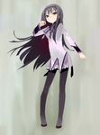  akemi_homura black_hair black_hairband blue_eyes hair_flip hairband long_hair looking_at_viewer magical_girl mahou_shoujo_madoka_magica pantyhose ribbon skirt solo standing ume_(datsuryokugen) 