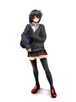  adapted_costume ahoge black_hair black_legwear contemporary houjuu_nue k2isu mouth_hold red_eyes school_uniform short_hair skirt solo sweater thighhighs touhou zettai_ryouiki 