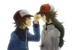  ^_^ asa_(oaasvxr) bad_id bad_pixiv_id baseball_cap borrowed_garments brown_hair closed_eyes from_side green_hair hand_on_headwear hand_up hat headwear_switch jewelry long_hair long_sleeves looking_at_another male_focus multiple_boys n_(pokemon) necklace poke_ball_symbol pokemon pokemon_(game) pokemon_bw profile putting_on_hat putting_on_headwear simple_background smile touya_(pokemon) turtleneck undershirt upper_body white_background zipper 