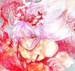  bad_id bad_pixiv_id blood bow breasts cleavage downblouse dress from_above fujiwara_no_mokou hair_bow lavender_hair looking_at_viewer medium_breasts red_dress red_eyes short_hair solo sosopi touhou veil white_bow 