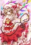  absurdres ascot blonde_hair blush choker dress finger_to_mouth fingernails flandre_scarlet frilled_dress frills hat hat_ribbon highres laevatein multicolored multicolored_eyes nail_polish nironiro ribbon side_ponytail smile solo touhou weapon wings 