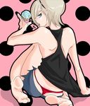  androgynous ash_crimson ass barefoot blonde_hair blue_eyes cheerio food freckles hairband ice_cream king_of_fighters licking looking_back male male_focus nail_polish open_mouth panties short_hair shorts sitting snk solo thong tongue trap underwear whale_tail 