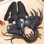  black_eyes black_legwear blush brown_hair feet food lielos long_hair lying mouth_hold on_back original pantyhose pocky school_uniform sera_haruna serafuku solo 